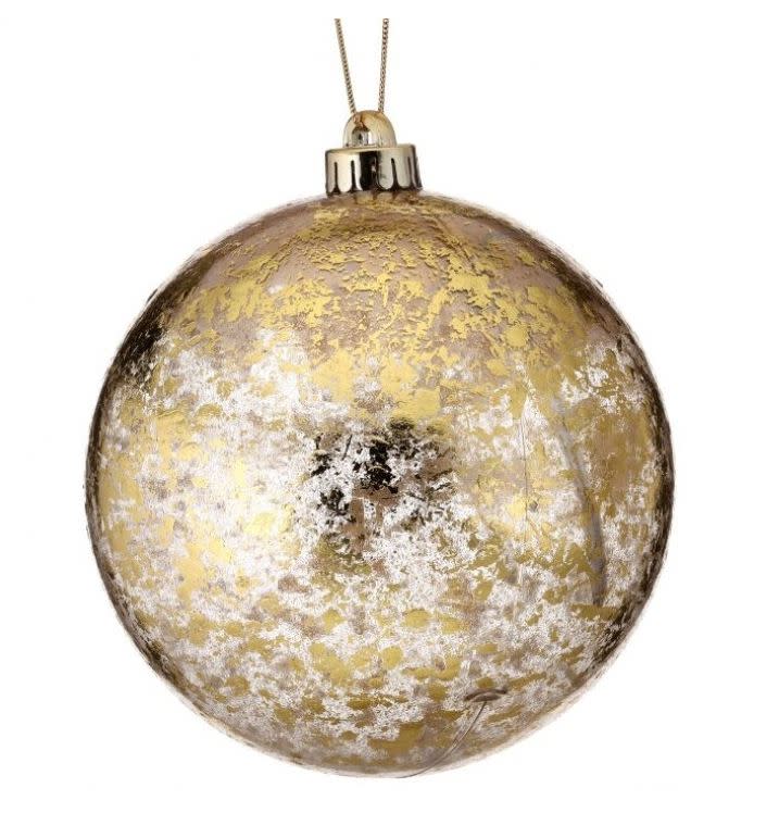 6-inch metallic leaf vacuum plate ball ornament with a gold and silver distressed finish.