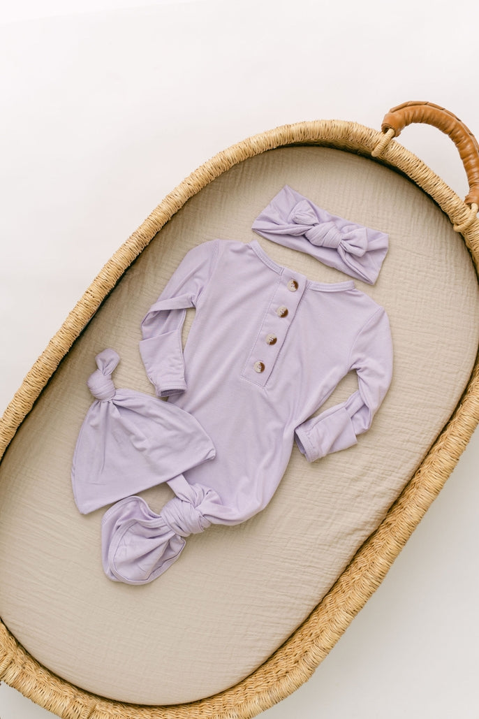 Newborn knotted baby gown headband set in soft modal fabric with henley neck and mittens