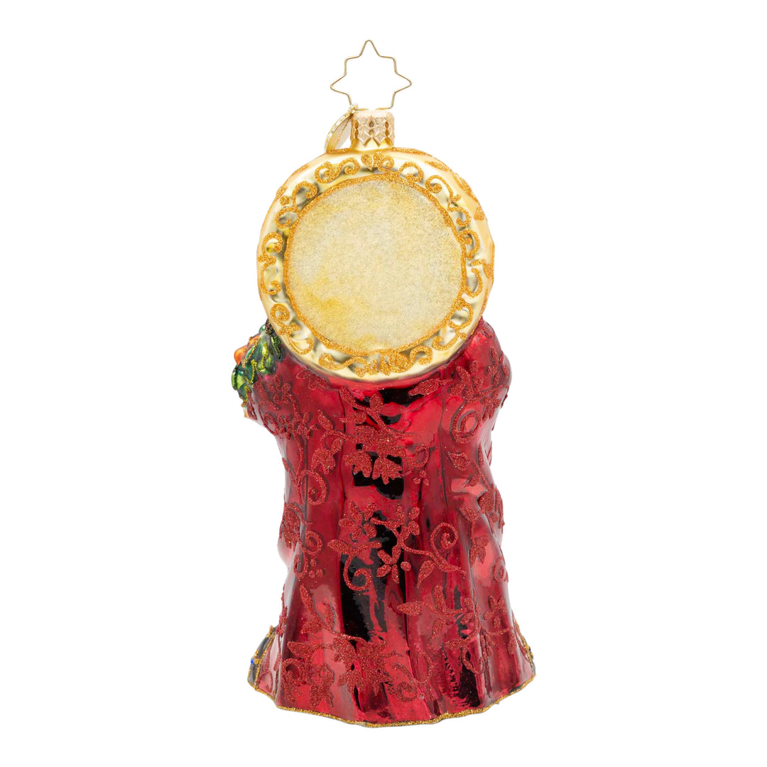 Back view of Regal Radiance ornament featuring a red patterned robe and a large gold circular halo.
