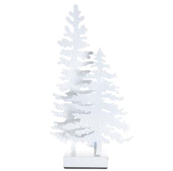 19 inch white metal tree lamp featuring two stylized evergreen silhouettes on a rectangular base.
