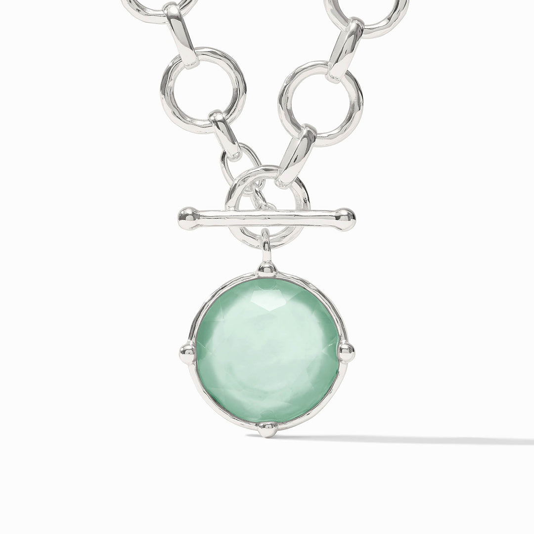 Honeybee statement necklace with hammered gold links and a round pendant featuring an imported glass cameo bee.