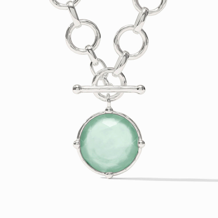 Honeybee statement necklace with hammered gold links and a round pendant featuring an imported glass cameo bee.
