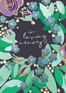 Navy sympathy flower card with an affectionate message inside.
