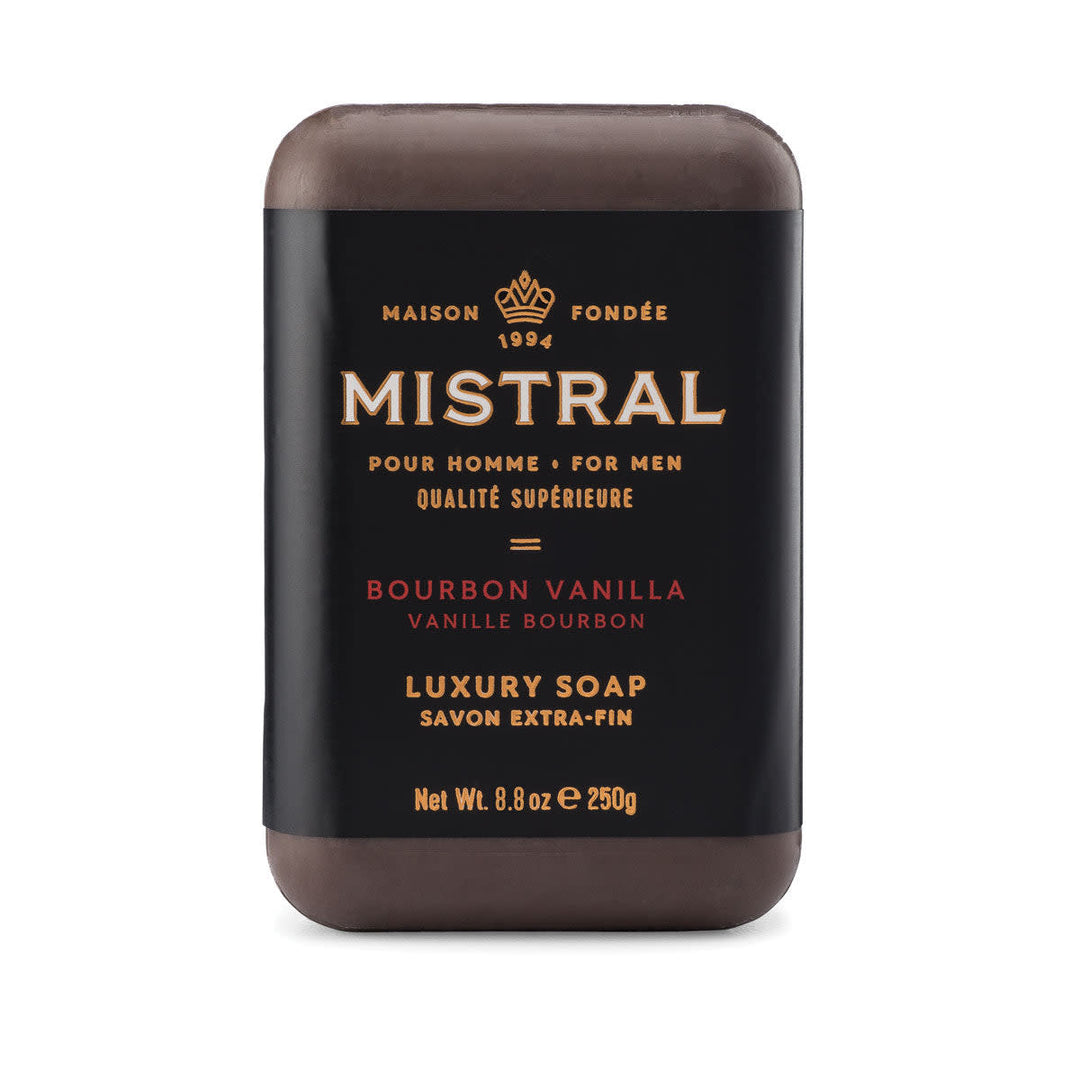 Triple-milled bar soap with a warm brown color featuring vanilla tobacco leaf patterns.