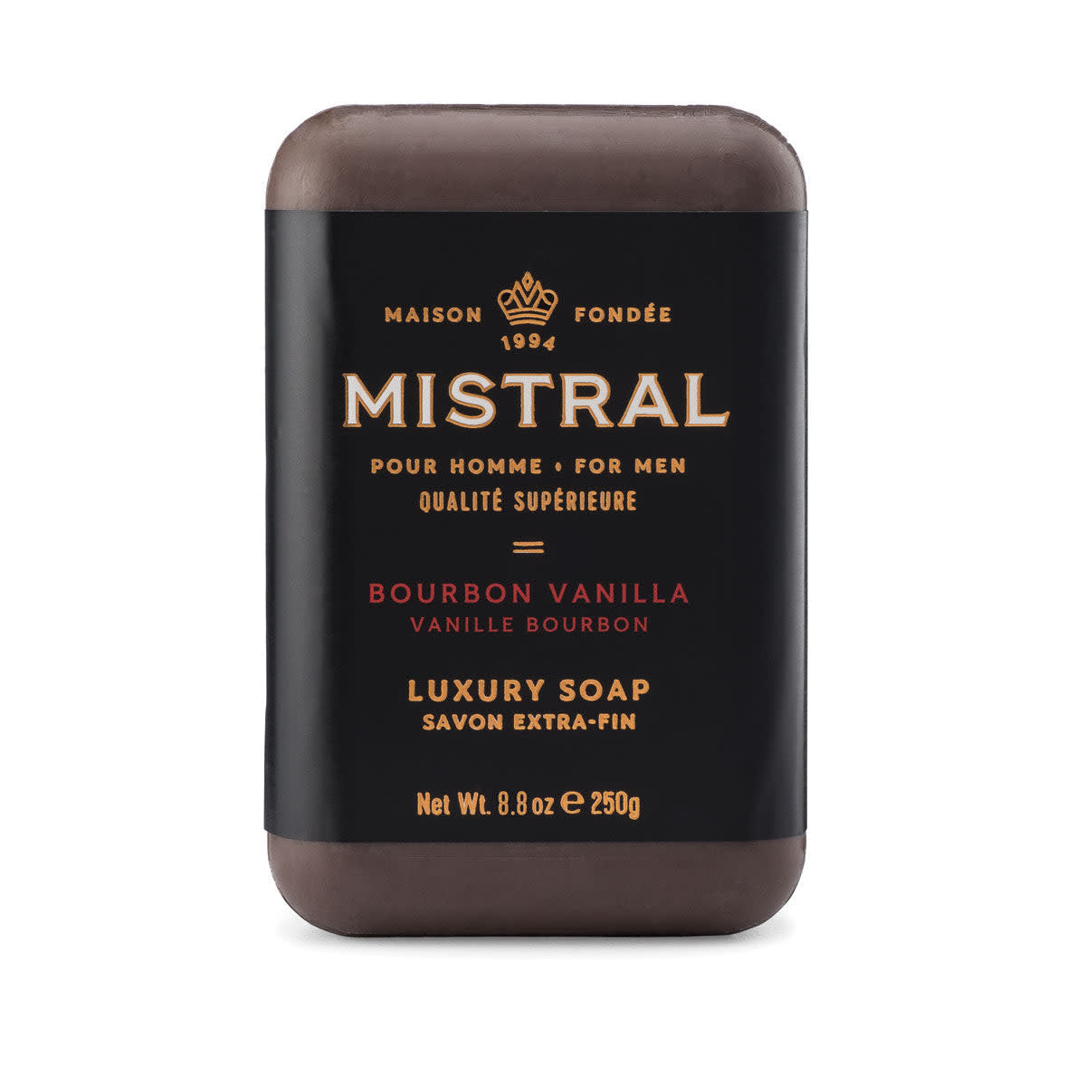Triple-milled bar soap with a warm brown color featuring vanilla tobacco leaf patterns.