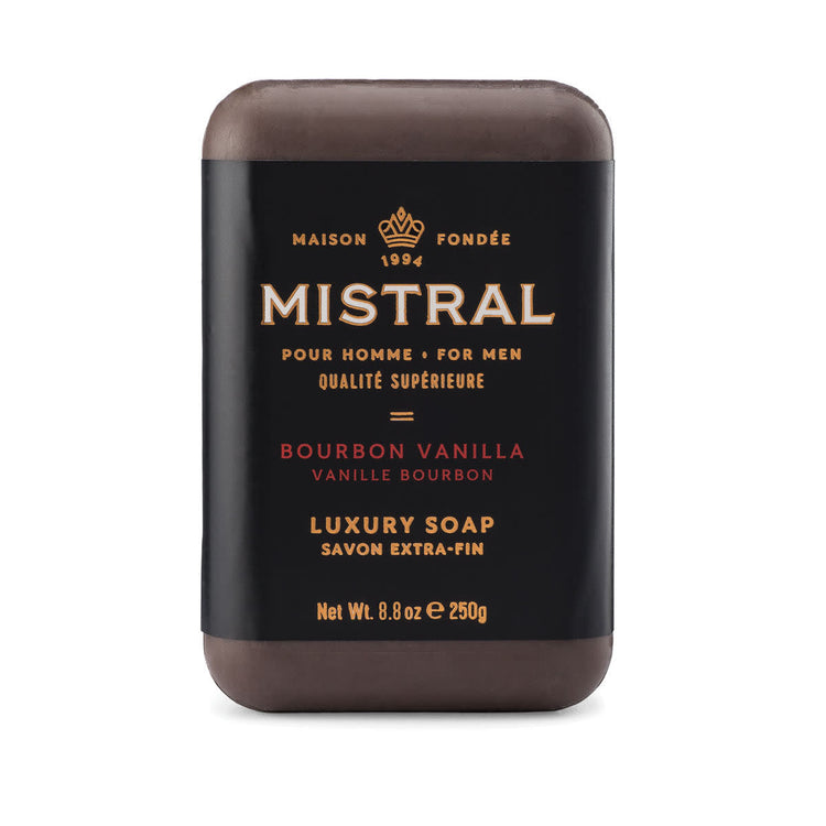 Triple-milled bar soap with a warm brown color featuring vanilla tobacco leaf patterns.