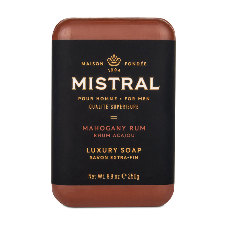 Triple-milled bar soap in Mahogany Rum scent with amber and spice notes