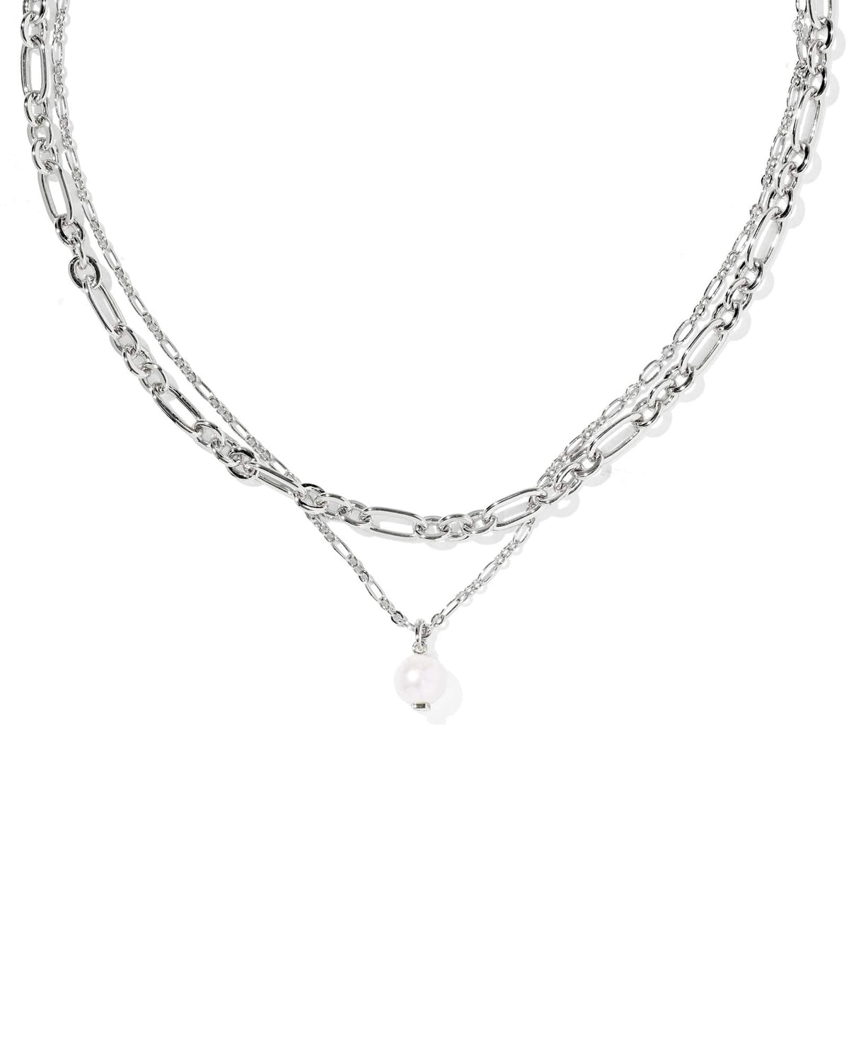 Ashton silver multi-strand necklace featuring a thick link chain and a thin chain with a pearl drop.