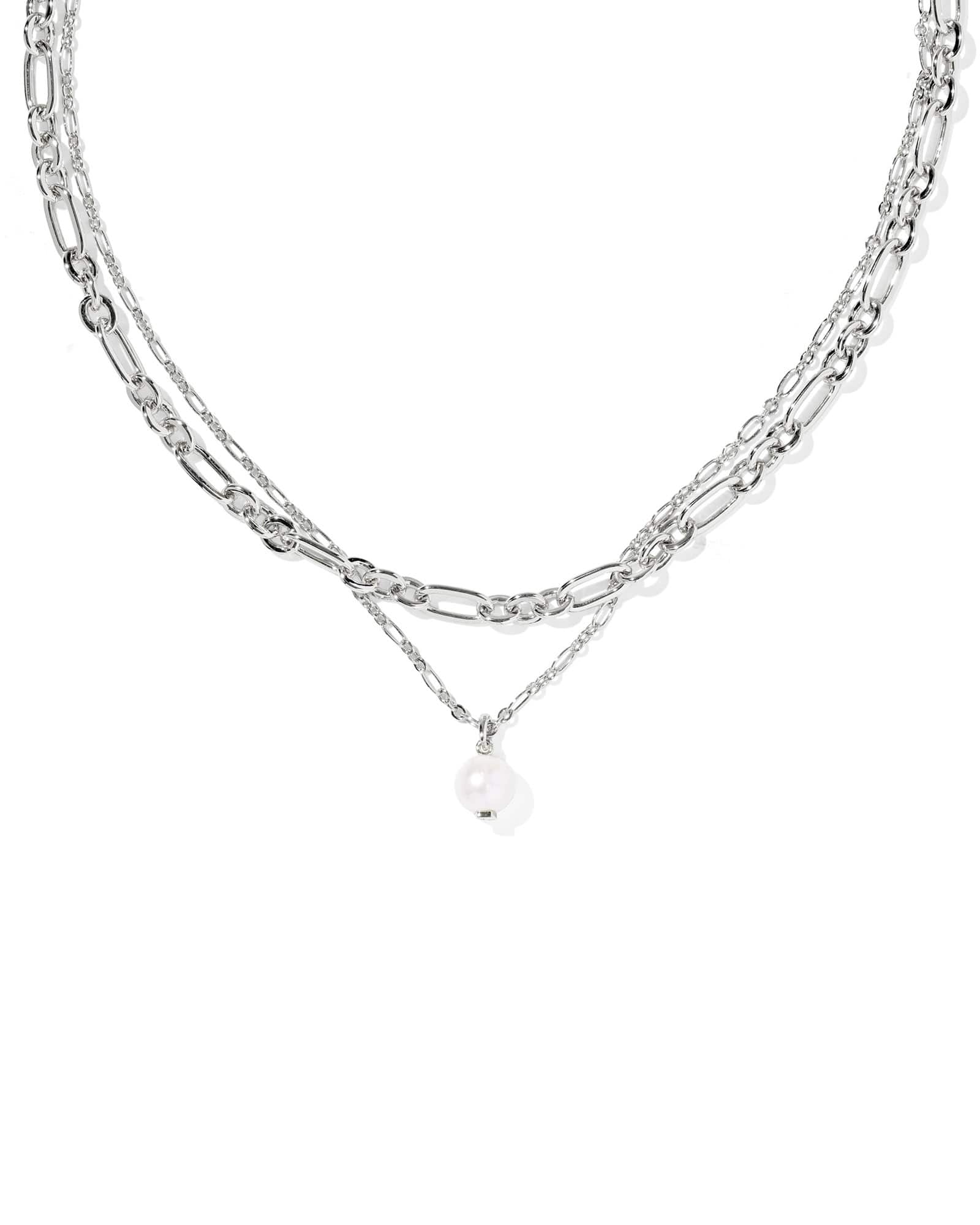 Ashton silver multi-strand necklace featuring a thick link chain and a thin chain with a pearl drop.