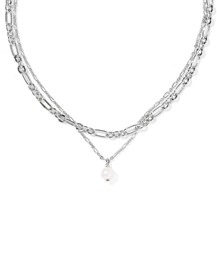 Ashton silver multi-strand necklace featuring a thick link chain and a thin chain with a pearl drop.