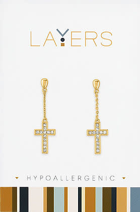 Gold CZ cross studded dangle earrings on a white Layers brand display card.