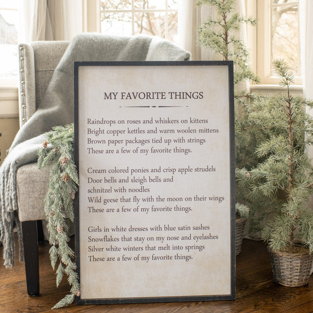 Wooden wall sign with the text 'My Favorite Things' in a decorative font.