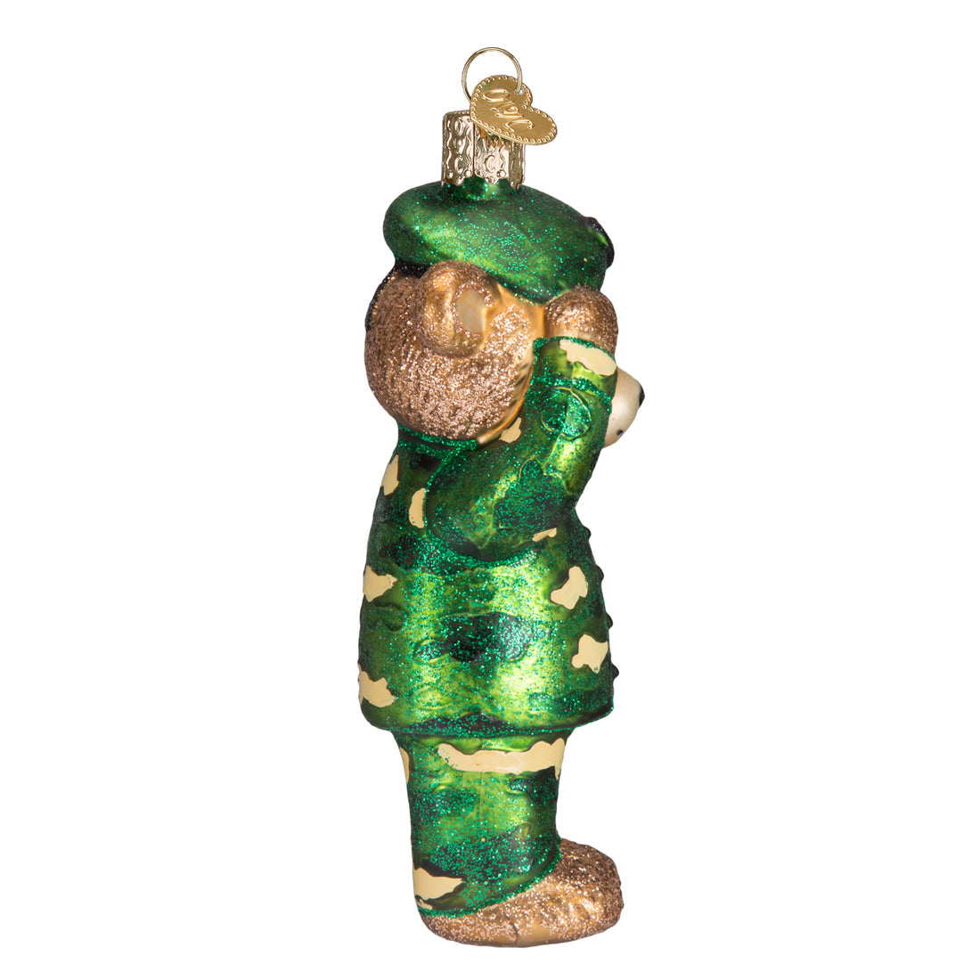 Glittery glass Army Bear ornament in green camouflage uniform saluting.