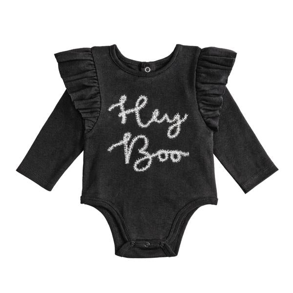 Long-sleeve Halloween baby bodysuit in soft cotton rib with boucle embroidery and inner leg snaps.
