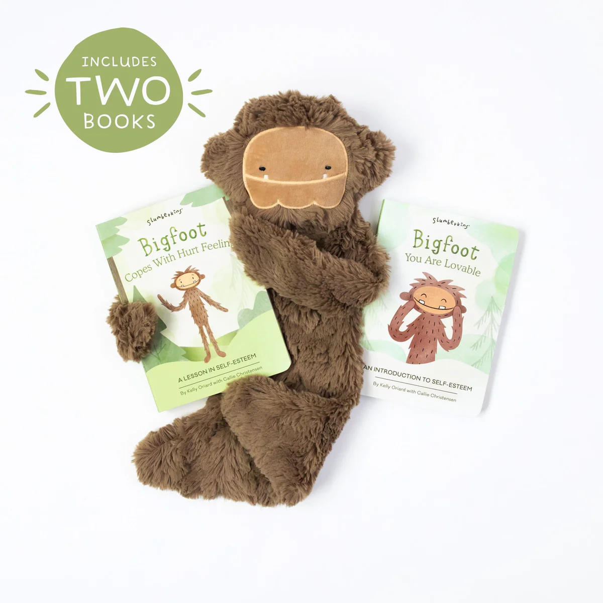 Slumberkins brown Bigfoot plush snuggler with two board books about self-esteem and hurt feelings.