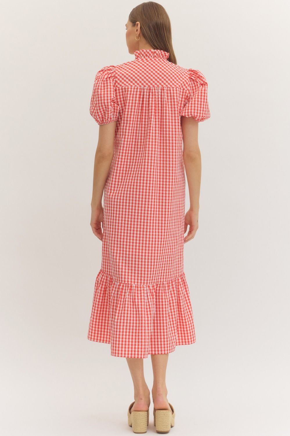 Gingham Short Puff Sleeve Pink Midi Dress