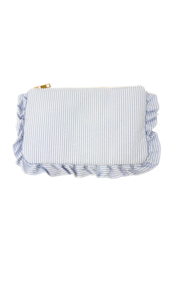 Blue and white striped seersucker pouch with ruffles and a gold zipper closure.