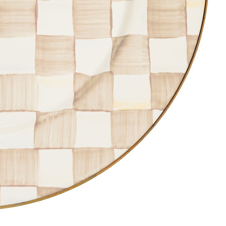 Mocha Check charger plate with hand-painted beige and white squares and a bronzed stainless rim.