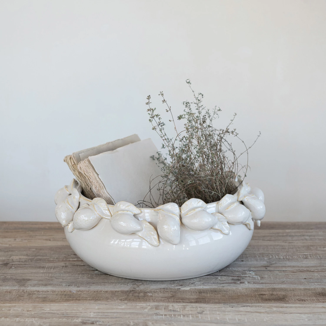 Stoneware Bowl With 3D Lemons on Rim - Cream
