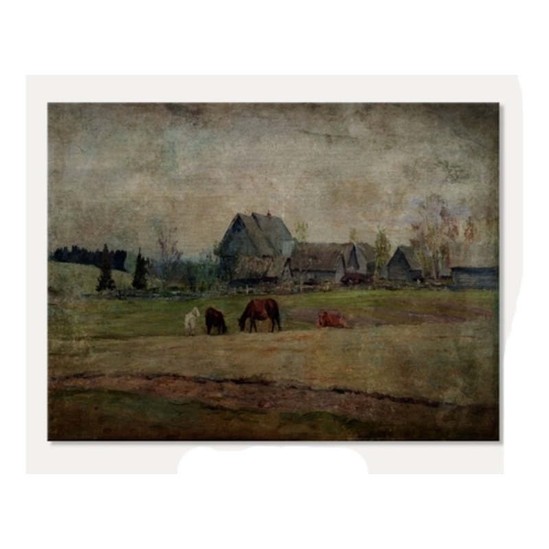 Evening On the Homestead Farm landscape canvas wall art featuring horses grazing by rustic barns.