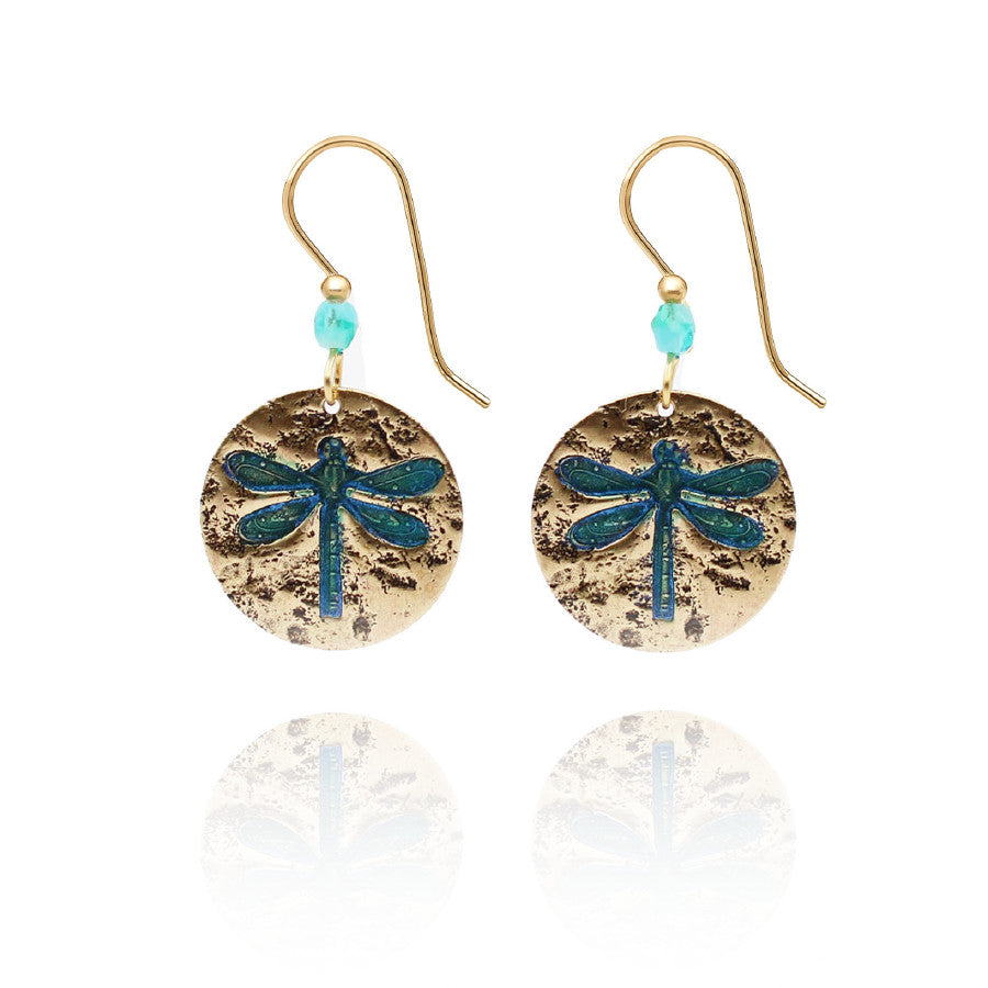 Dragonfly in Textured Disc Earrings with blue beads and gold-tone surgical steel fish hook backs.