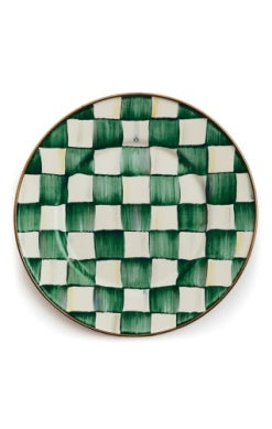 Emerald Check Salad Plate featuring a hand-painted green and white checkered pattern.