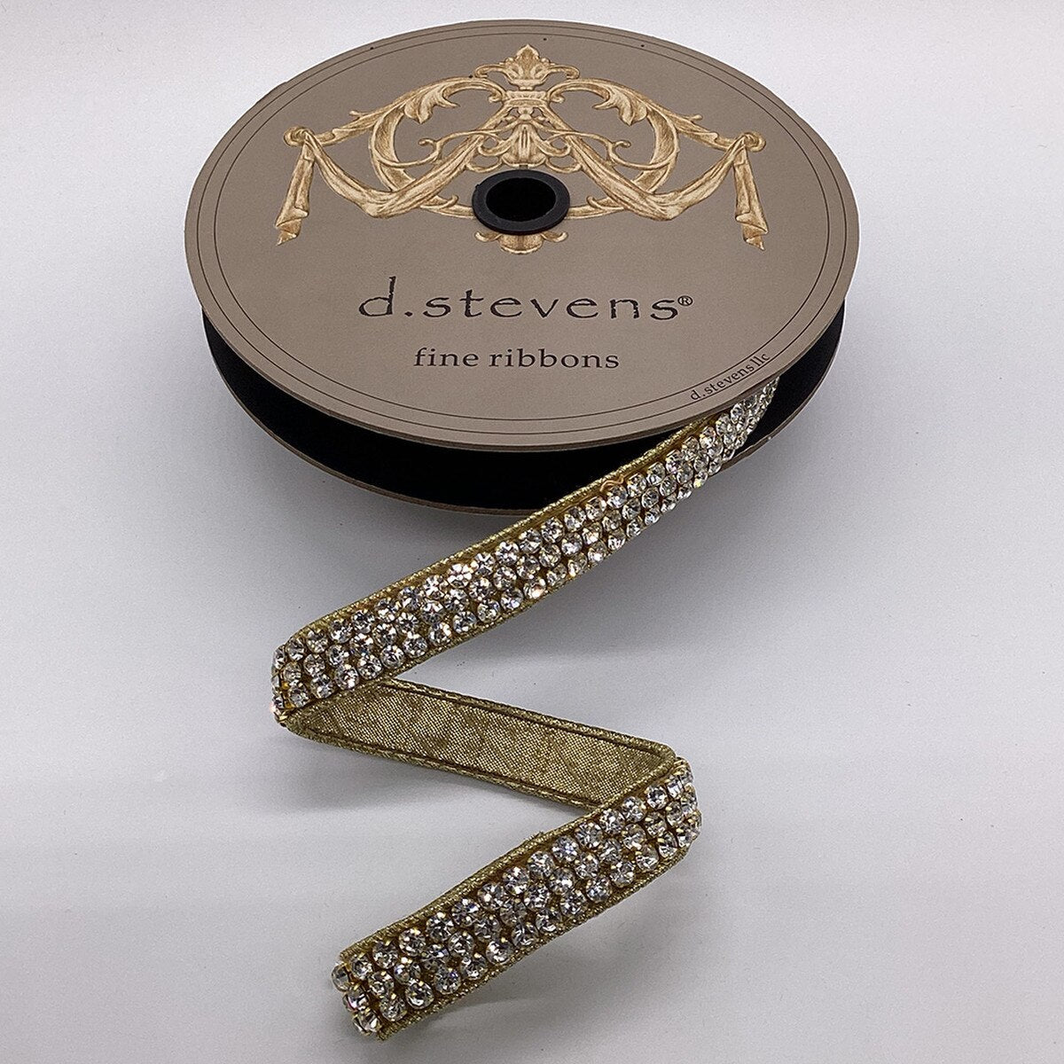 Clear gold metallic dupion ribbon with large crystal trim