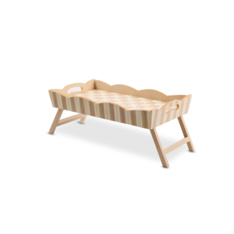 Mocha Check Breakfast Tray with scalloped edges, striped sides, and folding wooden legs.