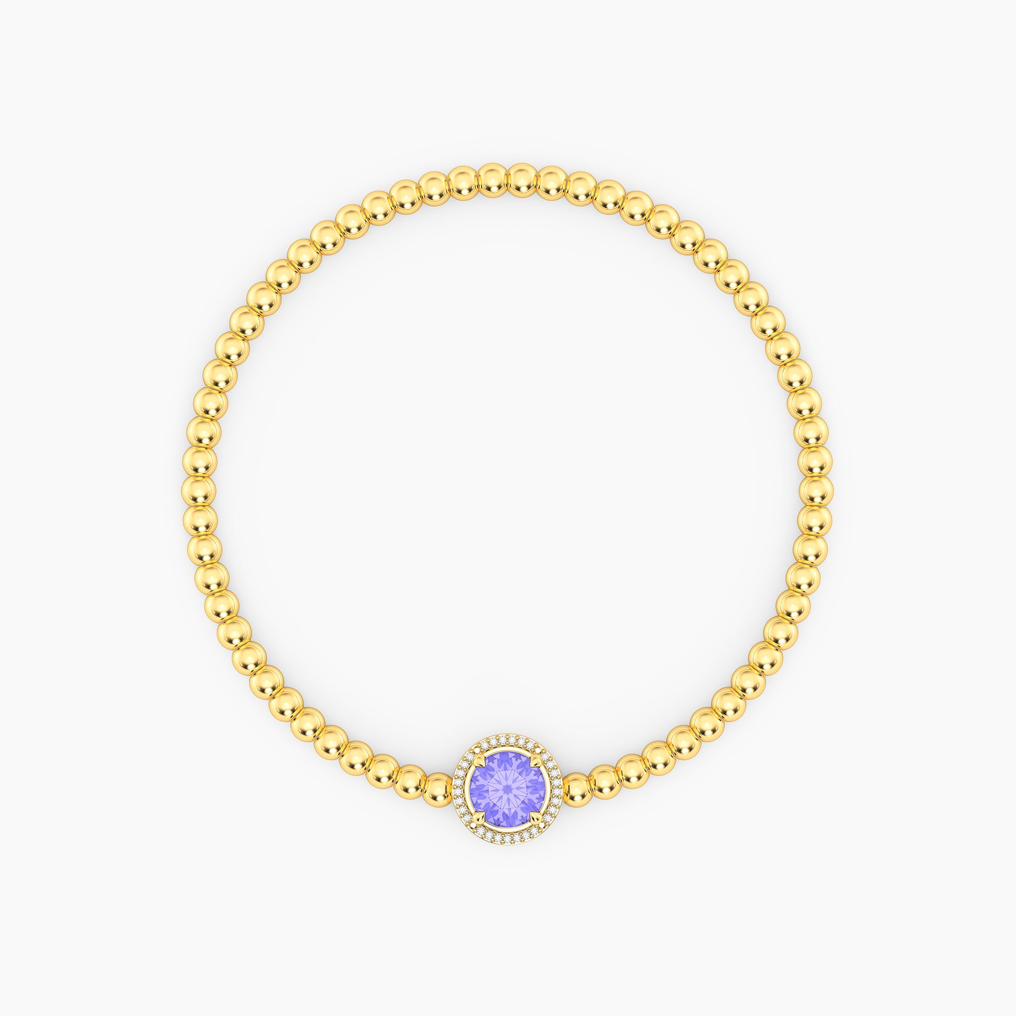 Gold beaded bracelet with a round purple tanzanite center stone and a diamond halo.
