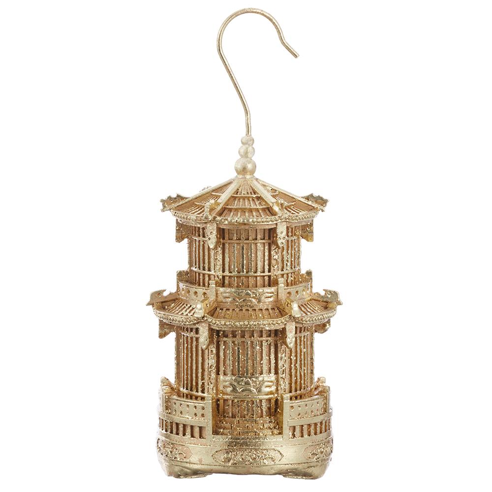 8.5-inch gold resin birdcage ornament with a tiered pagoda design and a hanging hook.