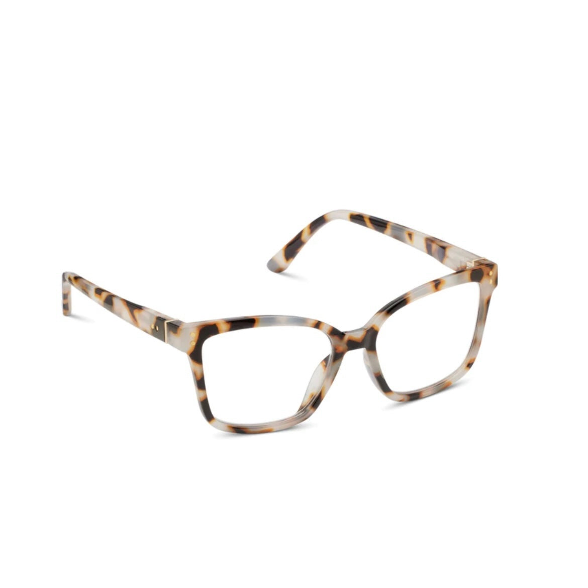 Octavia eyeglasses with gold-accented hinges on a shiny recycled polycarbonate frame