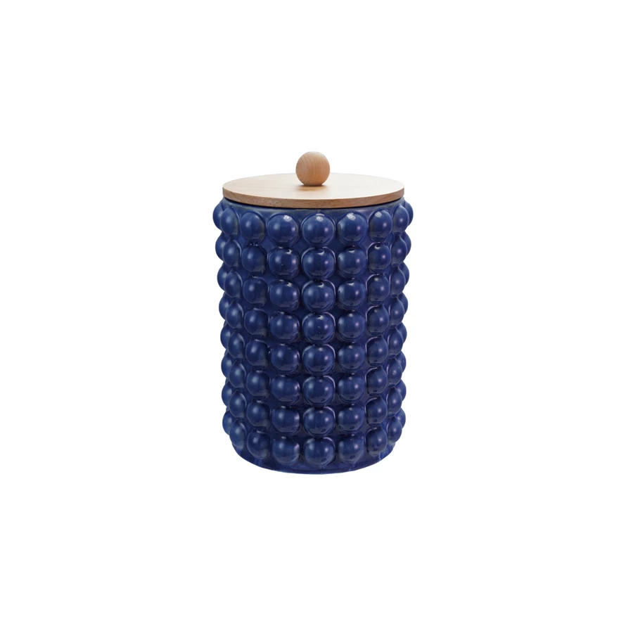 Stoneware Canister With Raised Dots & Wood Lid