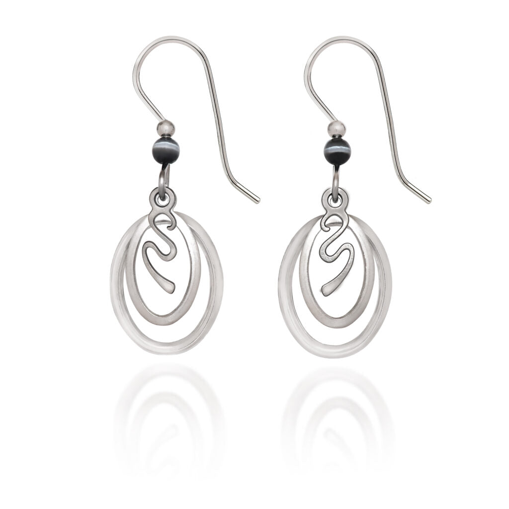 Silver Squiggle in Ovals Earrings with dark grey beads and surgical steel earwires.
