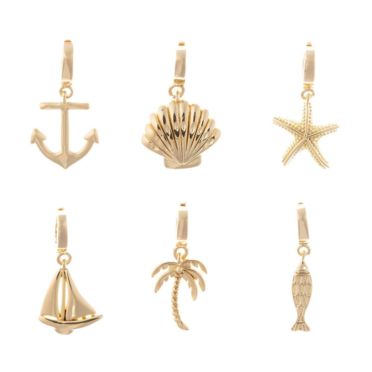 Six 18k gold plated coastal charms: anchor, seashell, starfish, sailboat, palm tree, and fish.