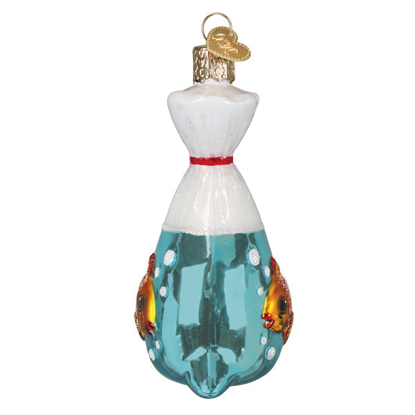 Goldfish In A Bag Ornament: a gold-colored fish swimming inside a clear bag with red Christmas lights glowing behind it.