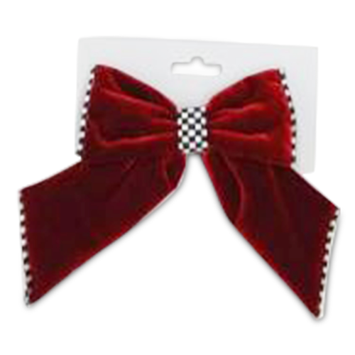 Red velvet small bow with black and white checkered trim and center knot on a white card.