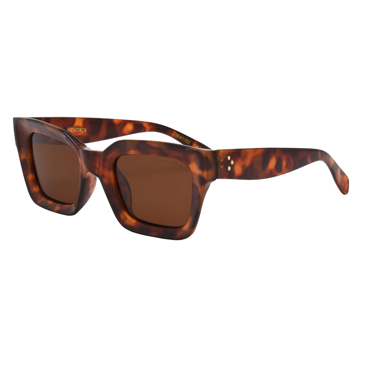 Hendrix square tortoise shell sunglasses with brown polarized lenses and gold temple details.