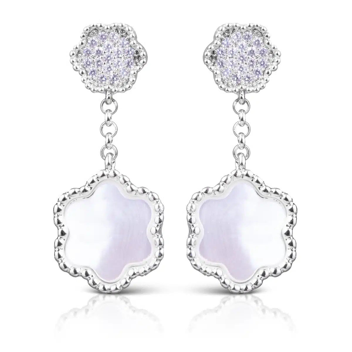 Silver clover drop earrings featuring CZ-encrusted studs and mother of pearl pendants.