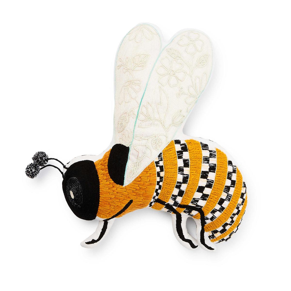 Bee shaped throw pillow with yellow and black checkered stripes and embroidered floral wings.