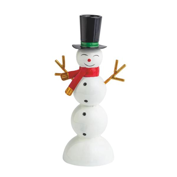Glossy white tin snowman taper candle holder with a black top hat, red scarf, and gold stick arms.