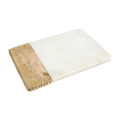 Rectangular marble serving board with beaded mango wood trim