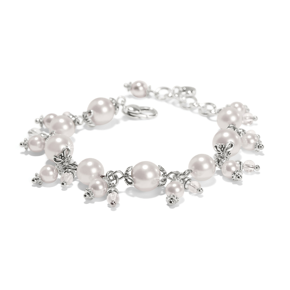Silver plated Pearl-icious bracelet with white glass pearls and beads on an adjustable chain.