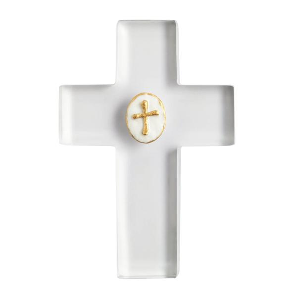 Clear resin cross featuring a hand-painted gold plaster icon in the center.