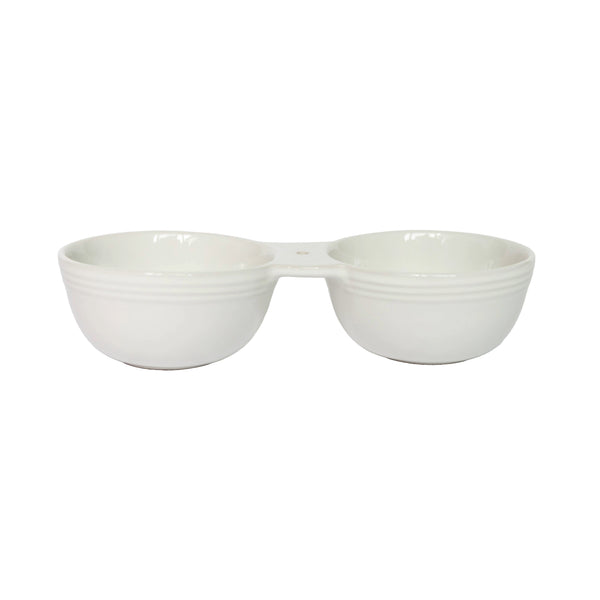 White ceramic double dipper serving bowl with a connected, side-by-side design.