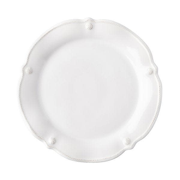 Berry & Thread Whitewash Flared Dessert/Salad Plate with scalloped edges and berry motifs.