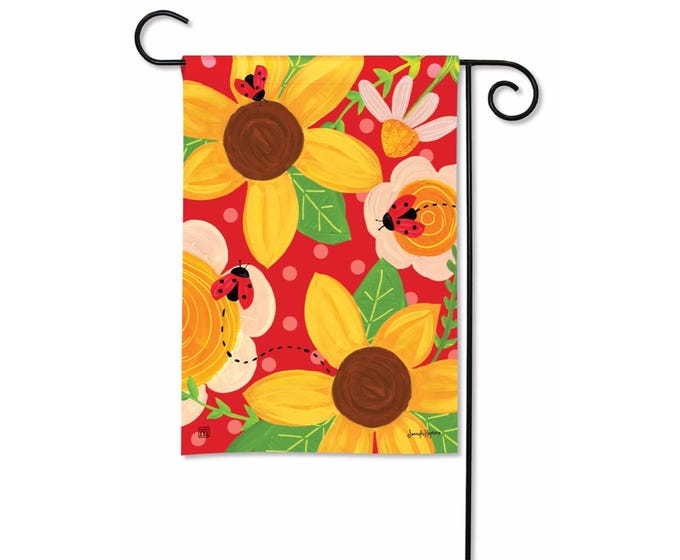 Red garden flag with sunflowers, daisies, and ladybugs.