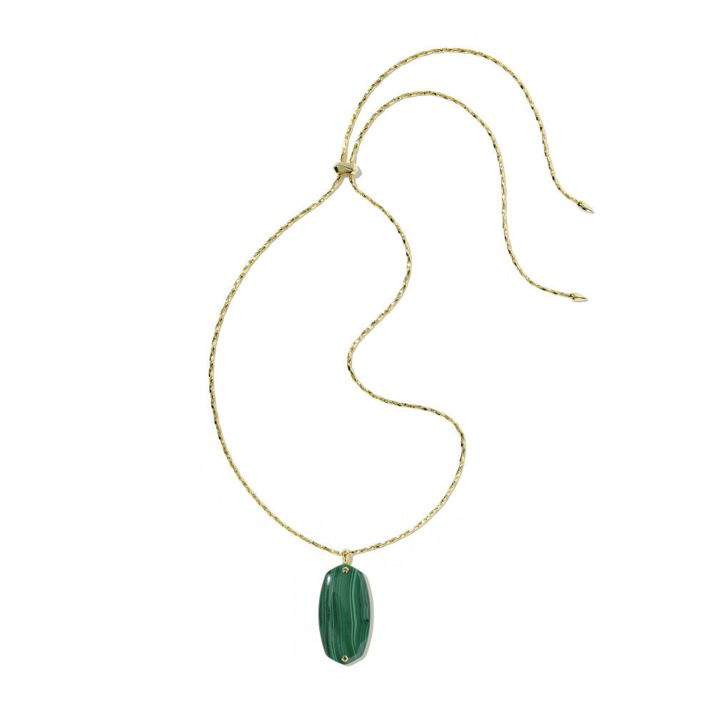 Danielle Riveted Long Pendant Necklace with a green malachite stone on a gold adjustable chain.
