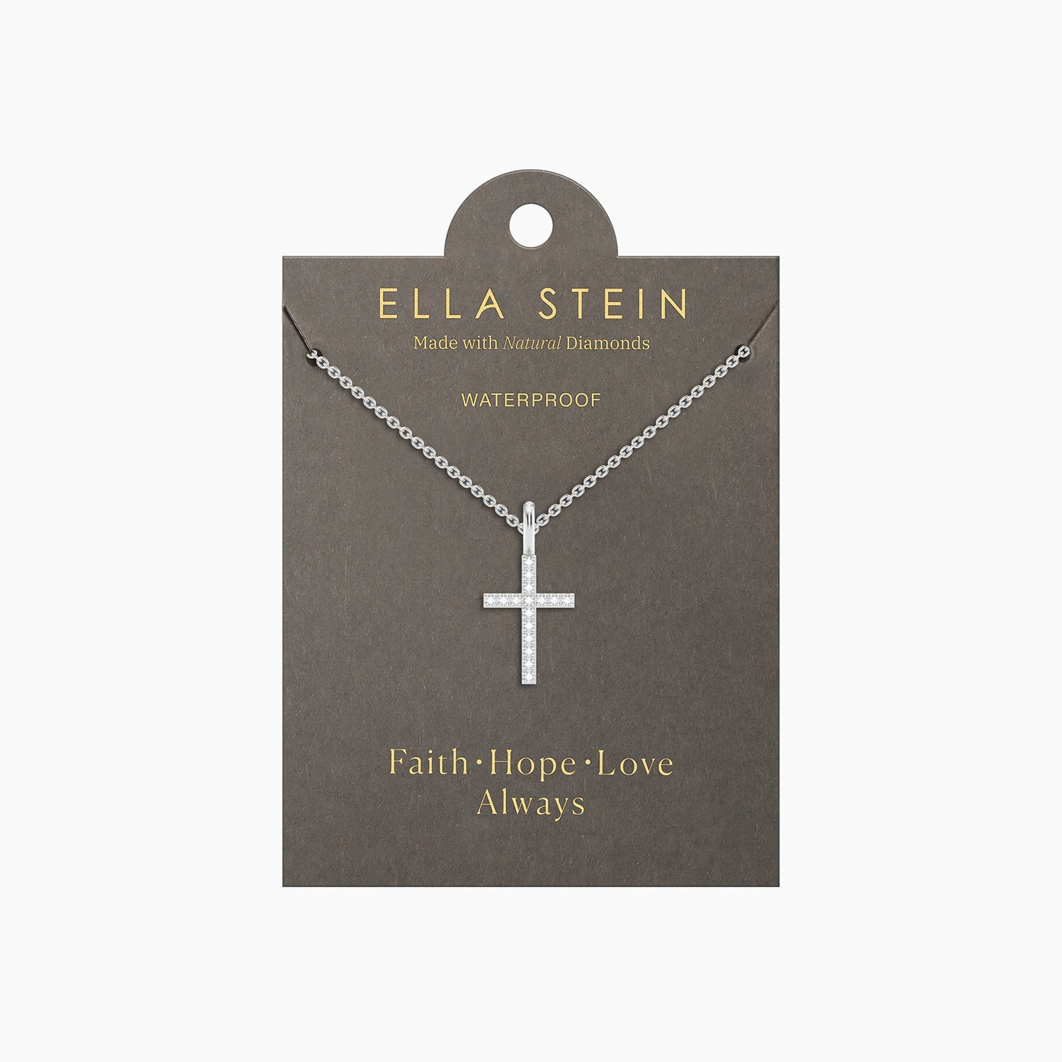 Believe Cross Pendant Necklace with diamonds on a silver chain, displayed on a grey card.