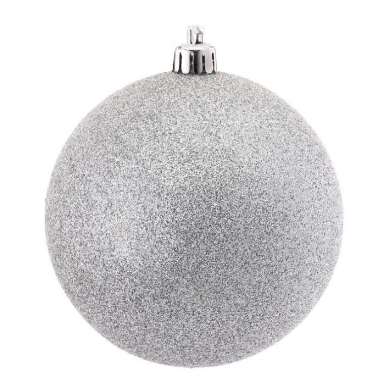 Silver glitter vacuum plate ornament with a round silhouette.