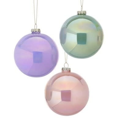 Three 4-inch glass ball ornaments with a pearlized finish in purple, light blue, and light pink.